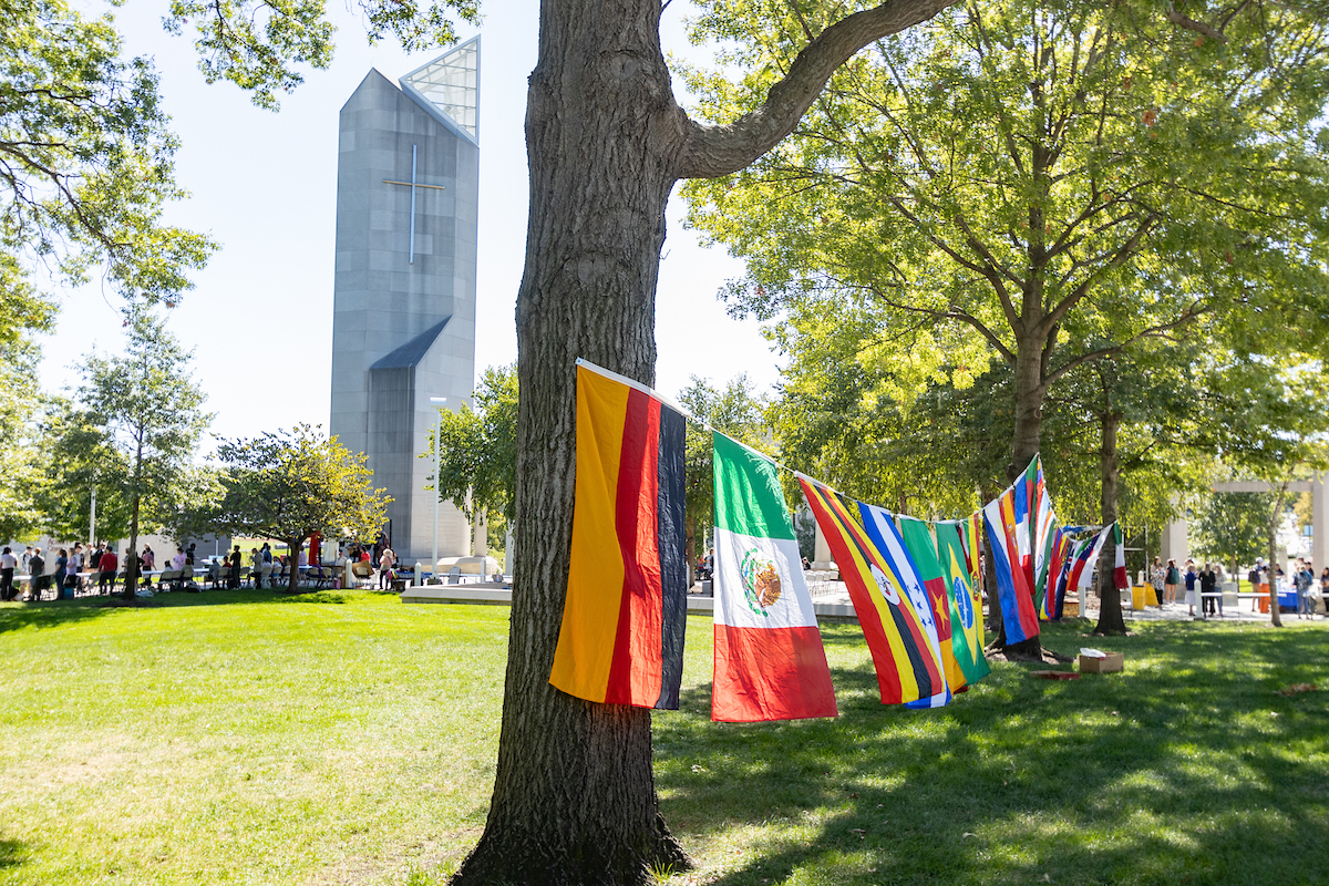 Flags hang on a rope for World Culture's Day at Rockhurst University.