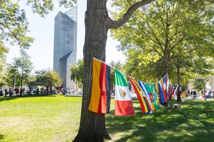 Flags hang on a rope for World Culture's Day at Rockhurst University.